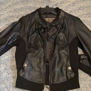 Black fake leather jacket with cloth accents